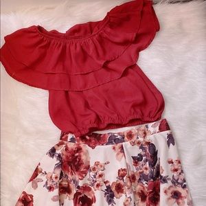 Cold Shoulder Crop Top Ruffle Layered Top Flower Girl Skirt Sets for Girl